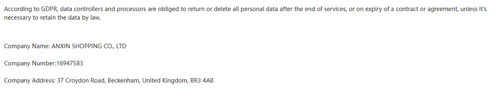 Kakobuy privacy policy naming ANXIN SHOPPING CO LTD and its UK company number