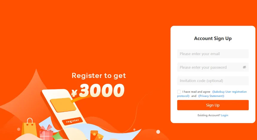 Kakobuy account sign up form with email, password and optional invitation code