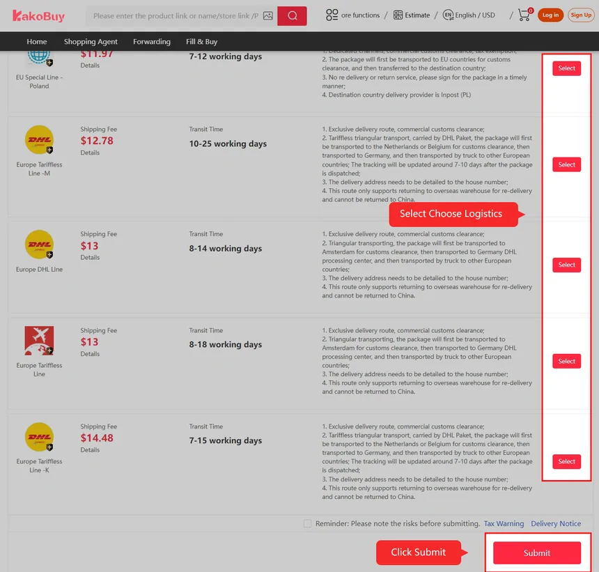Kakobuy logistics selection screen with European lines and prices