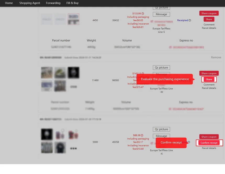 Kakobuy parcel list with fees itemised per parcel and a confirm receipt button