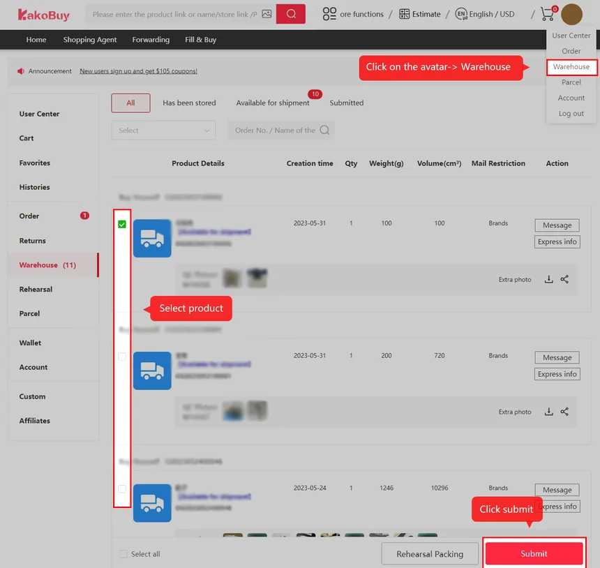 Kakobuy warehouse list where arrived products are selected for a parcel