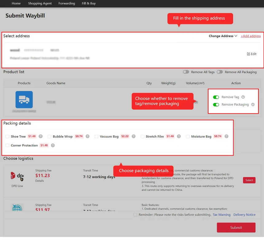 Kakobuy submit waybill form with address, packing and logistics options